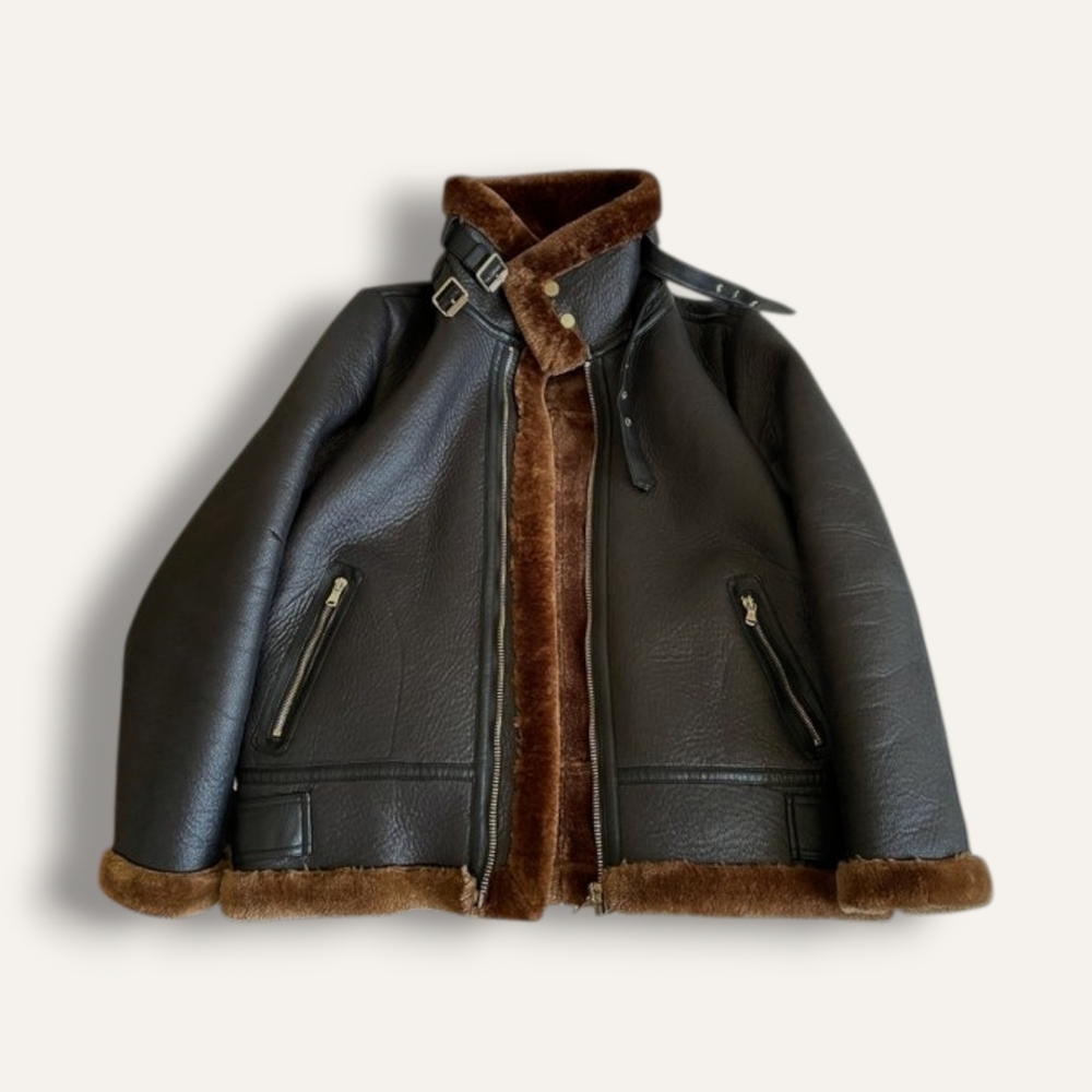ZARA Aviator Bomber Coat Faux Shearling - Black & Brown (S)